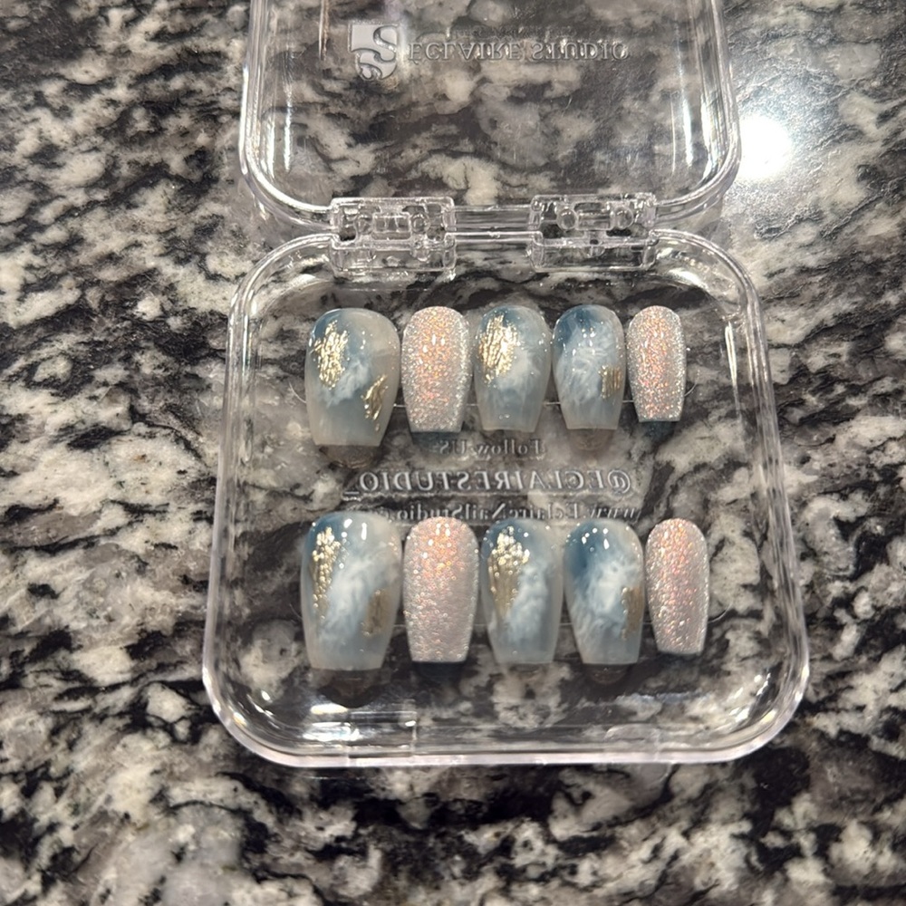Blue and White Glitter Press-On Nails with Gold Accents